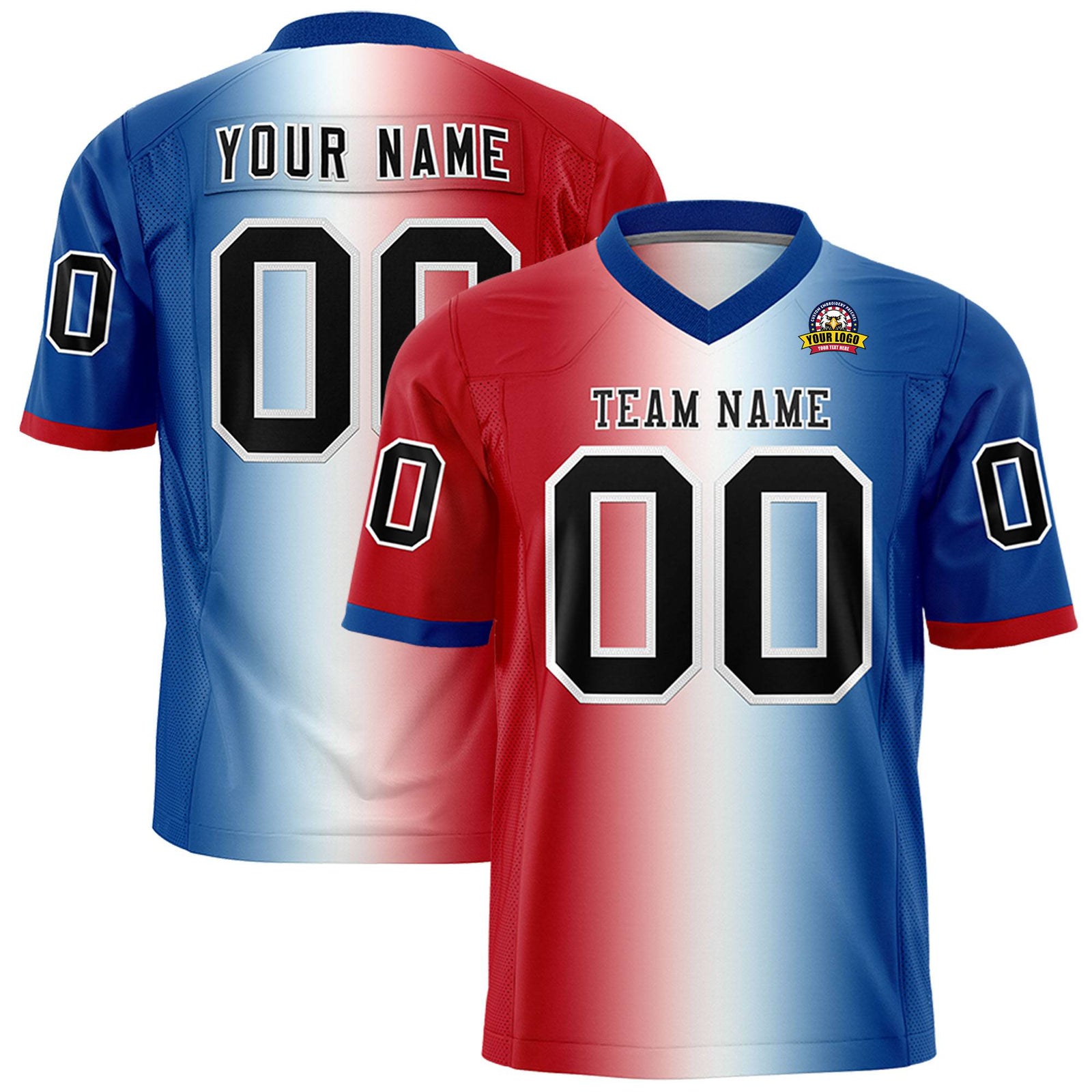 Custom Red White-Royal Blue Personalized Gradient Fashion Authentic Football Jersey