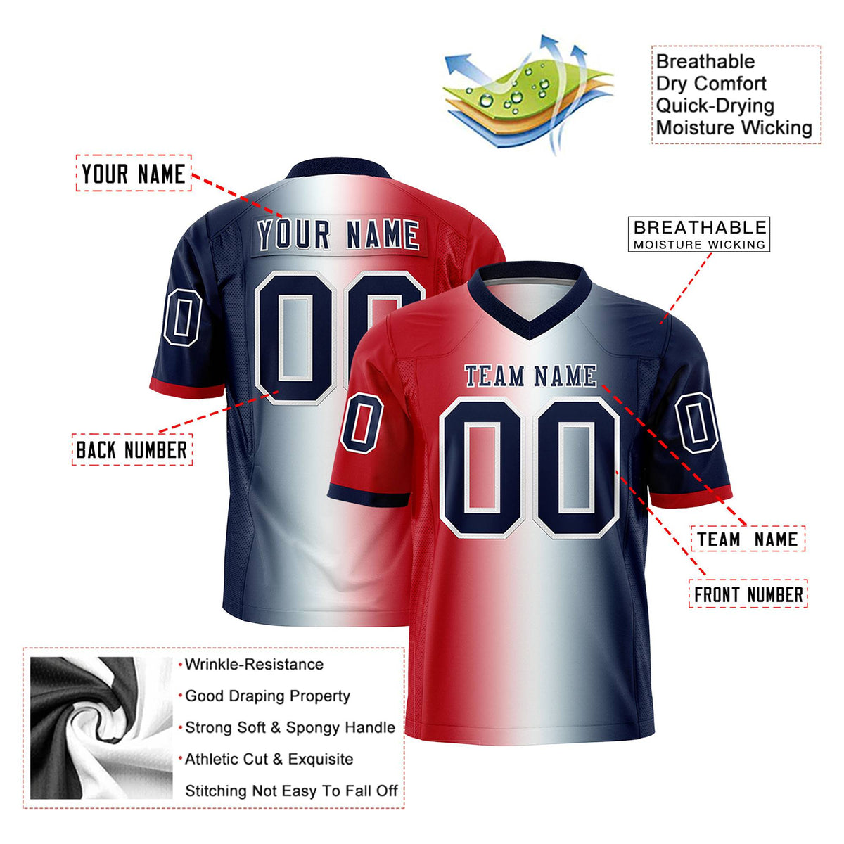 Custom Red White-Navy Personalized Gradient Fashion Authentic Football Jersey