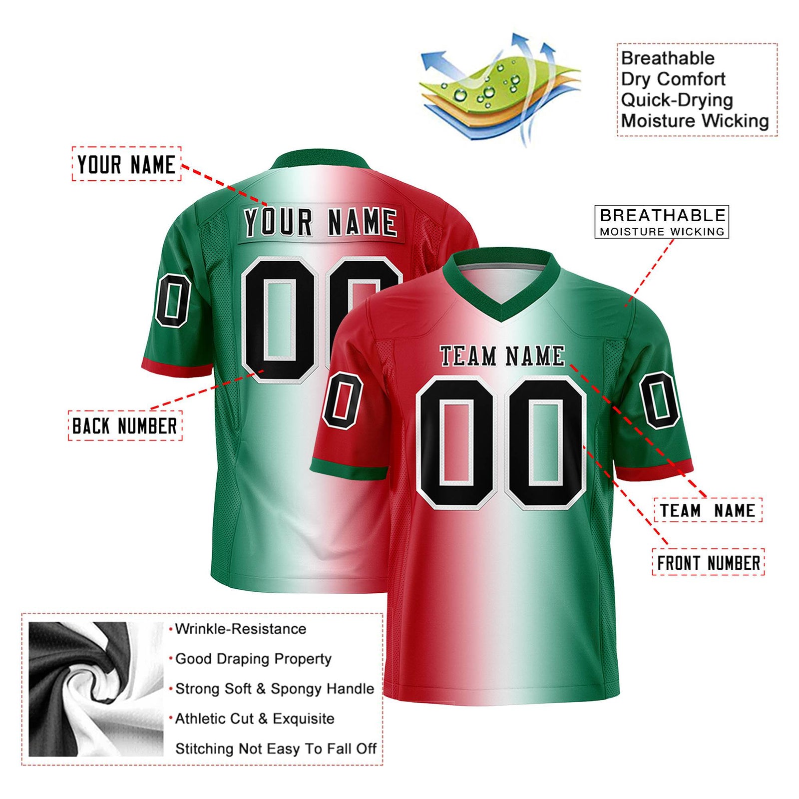 Custom Red White-Kelly Green Personalized Gradient Fashion Authentic Football Jersey