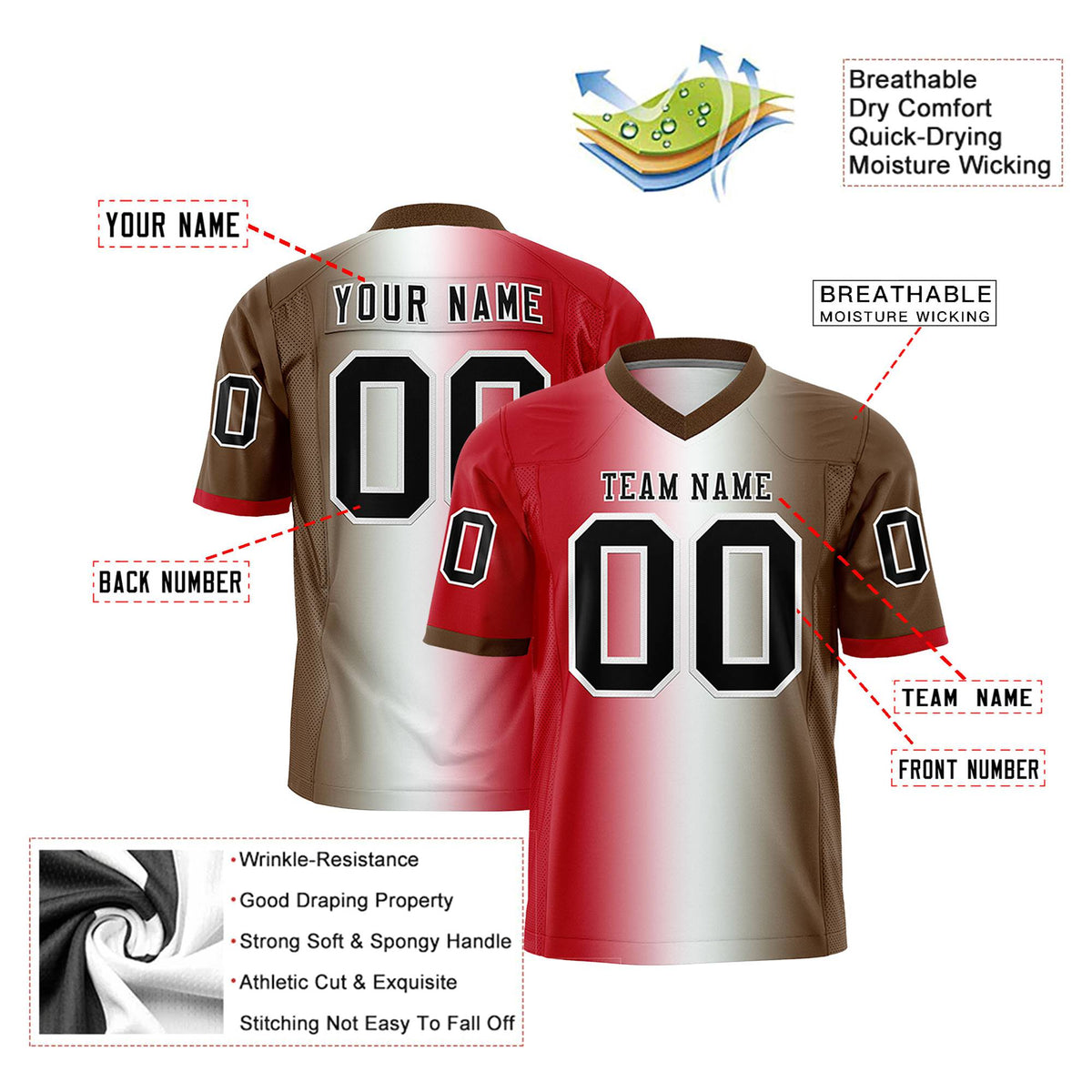 Custom Red White-Brown Personalized Gradient Fashion Authentic Football Jersey