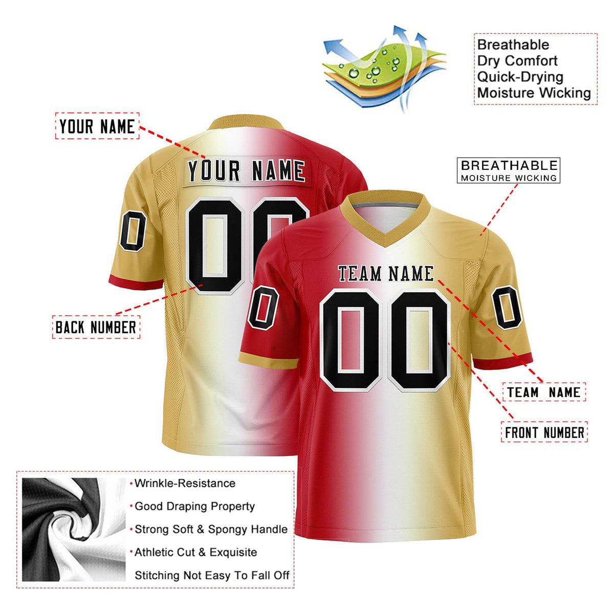 Custom Red White-Old Gold Personalized Gradient Fashion Authentic Football Jersey