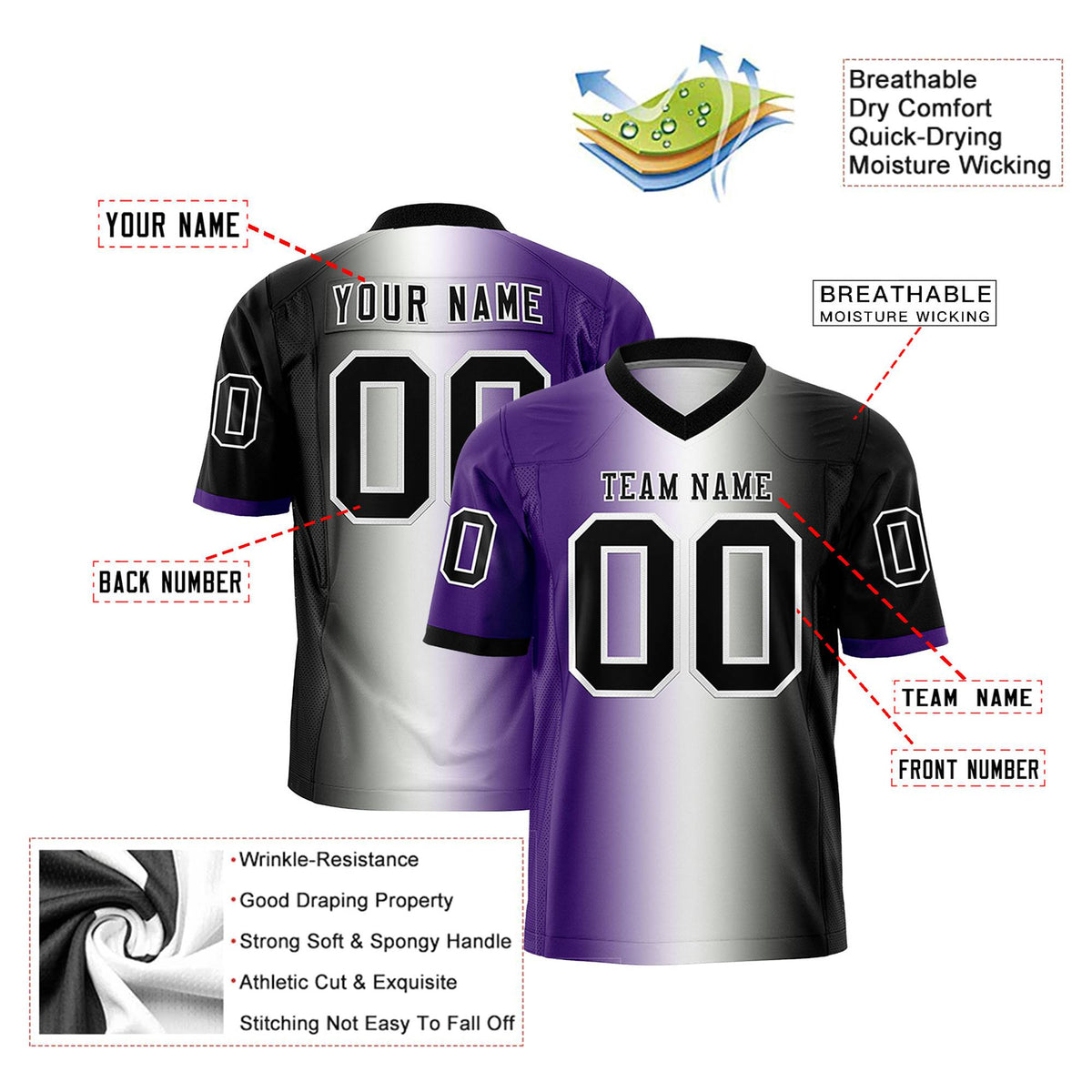 Custom Purple White-Black Personalized Gradient Fashion Authentic Football Jersey
