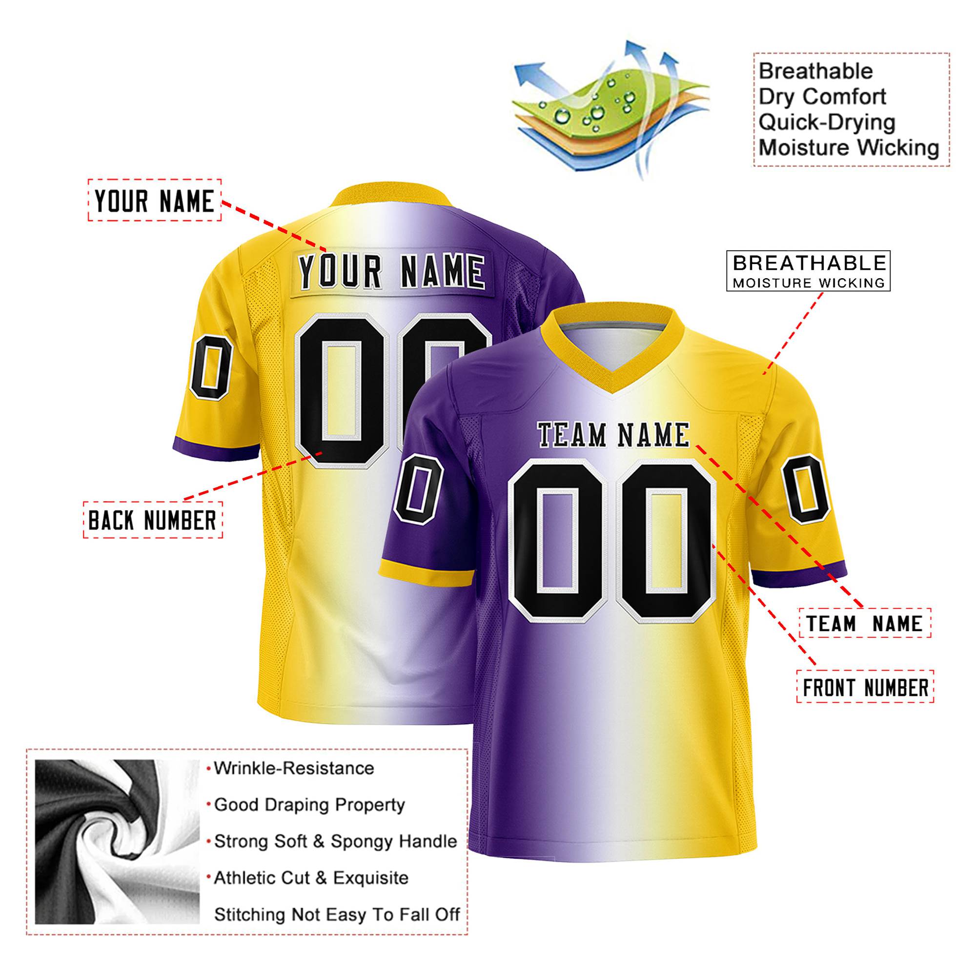 Custom Purple White-Gold Personalized Gradient Fashion Authentic Football Jersey