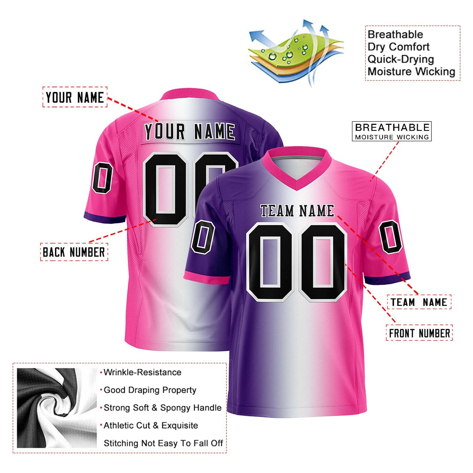 Custom Purple White-Pink Personalized Gradient Fashion Authentic Football Jersey