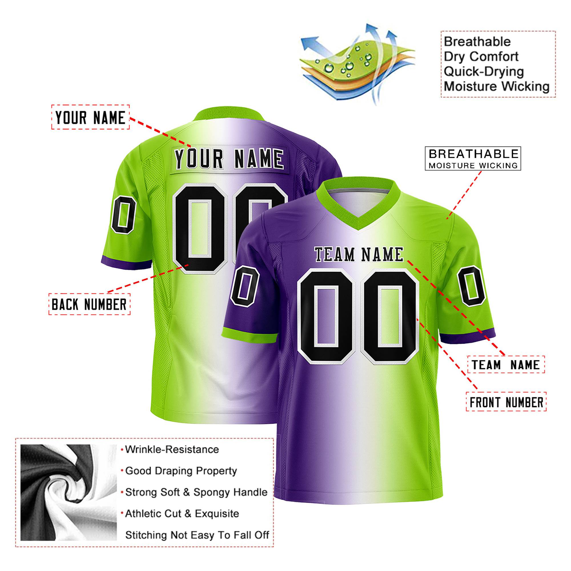 Custom Purple White-Neon Green Personalized Gradient Fashion Authentic Football Jersey