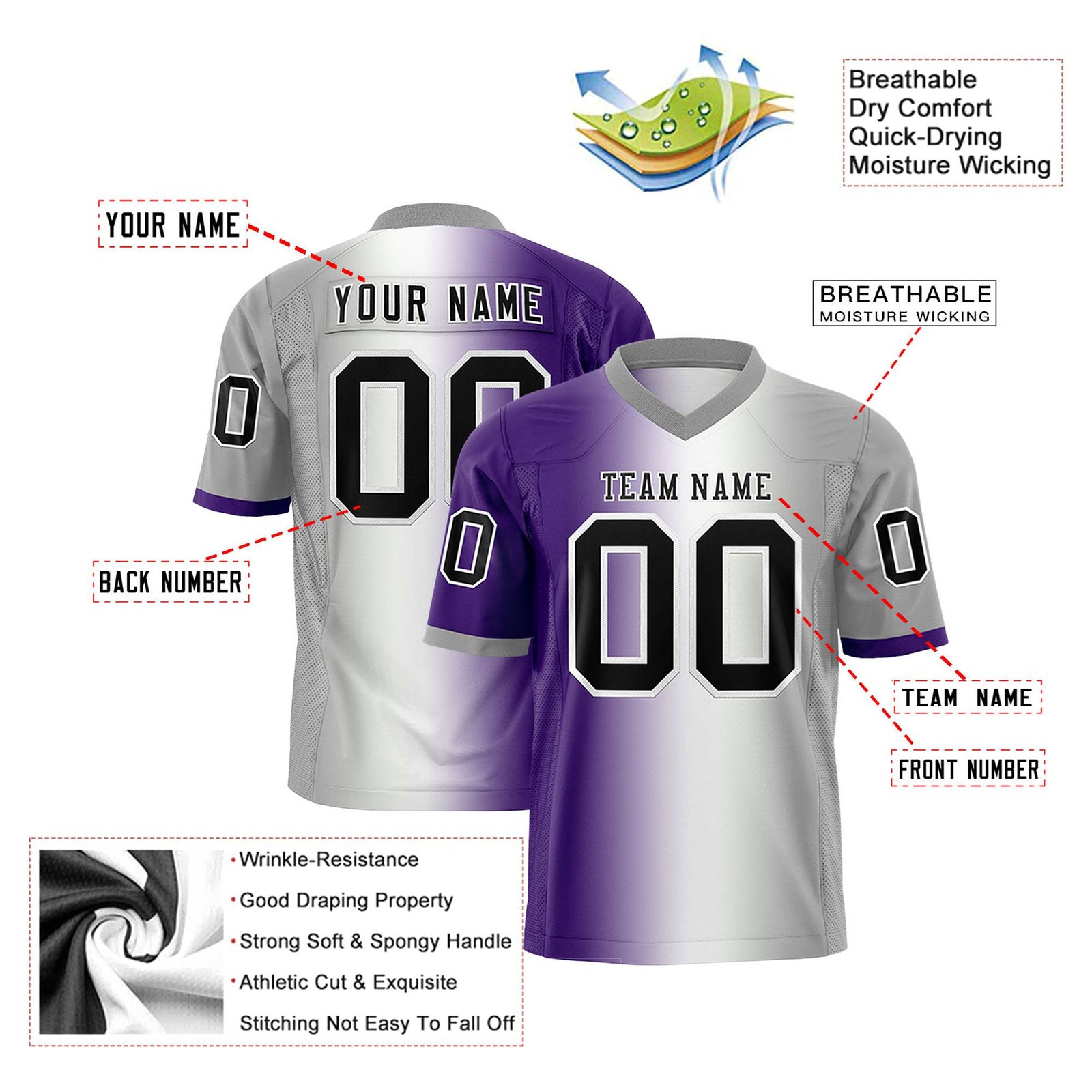 Custom Purple White-Gray Personalized Gradient Fashion Authentic Football Jersey