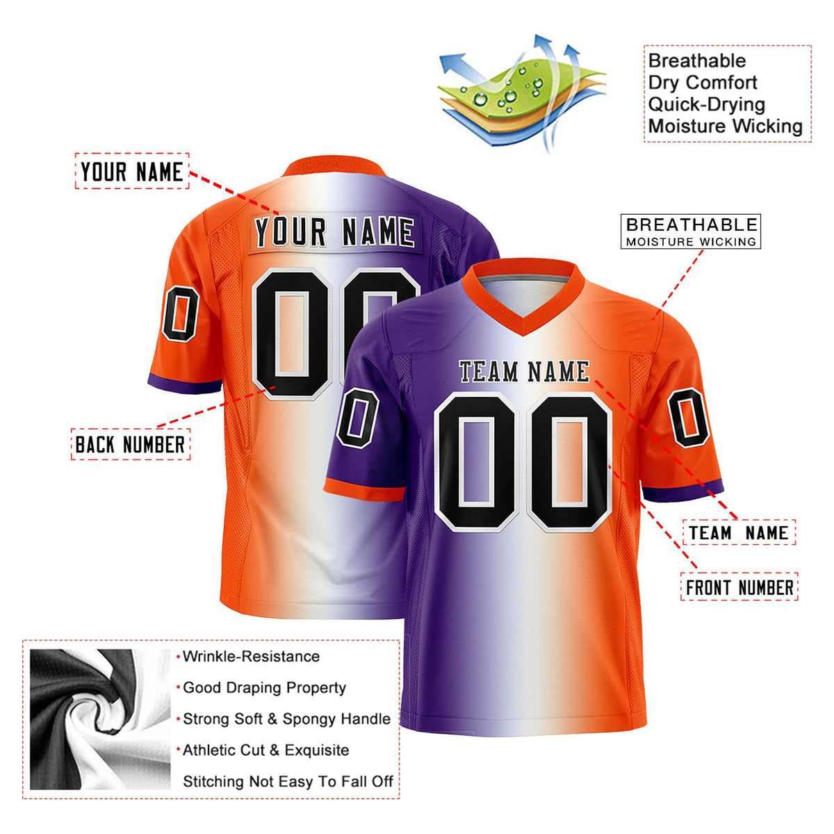 Custom Purple White-Orange Personalized Gradient Fashion Authentic Football Jersey
