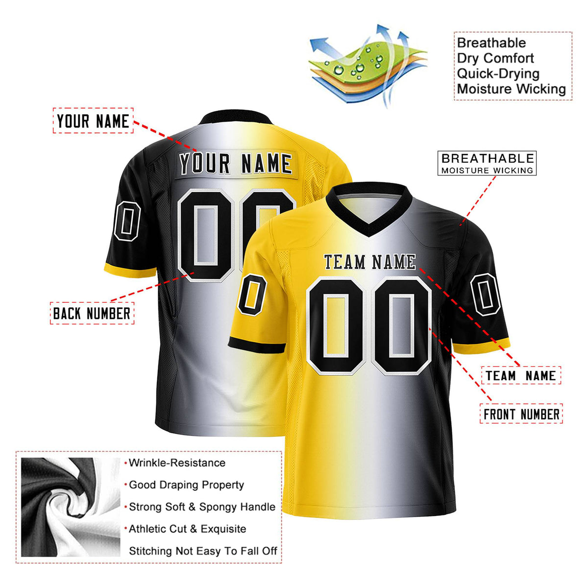 Custom Gold White-Black Personalized Gradient Fashion Authentic Football Jersey