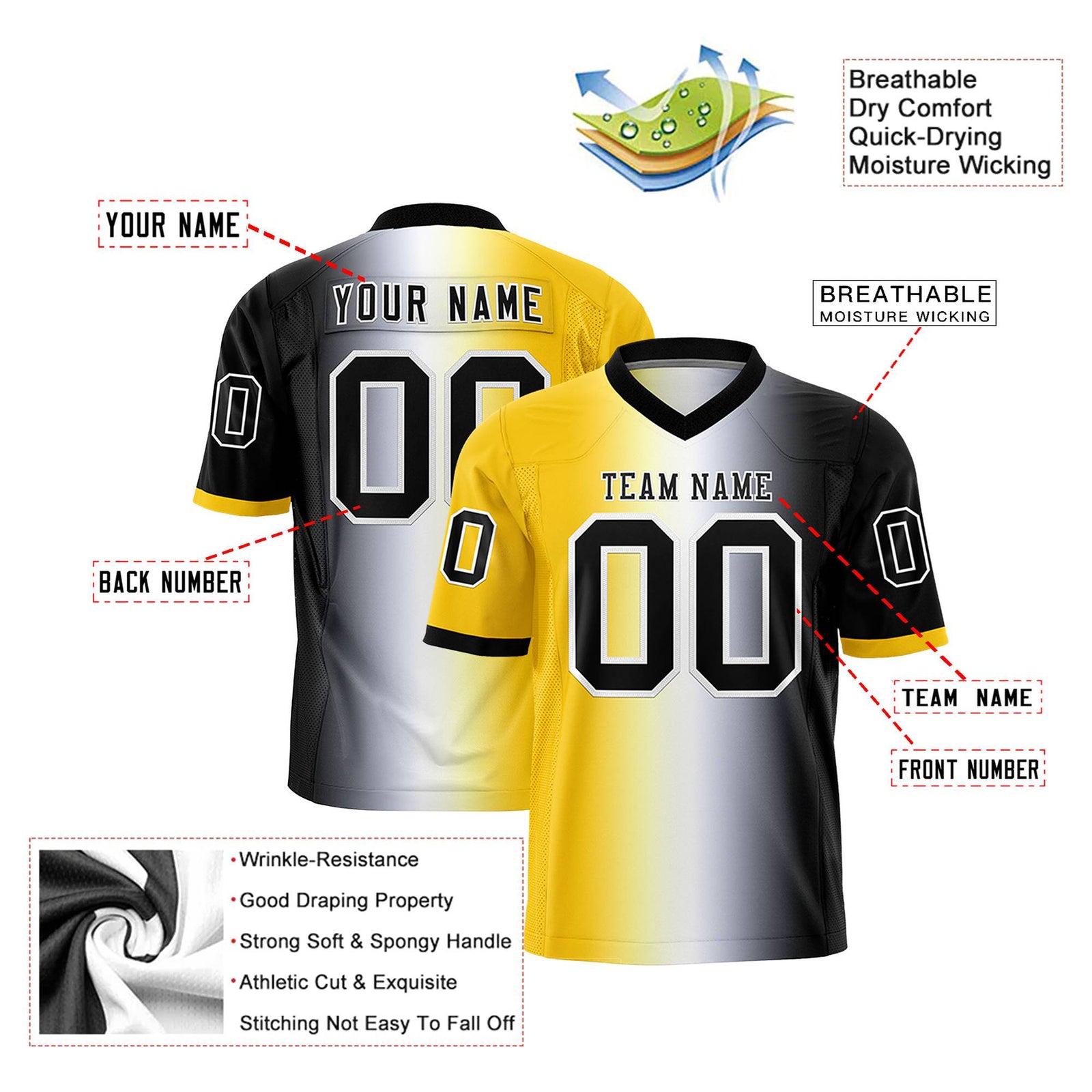 Custom Gold White-Black Personalized Gradient Fashion Authentic Football Jersey