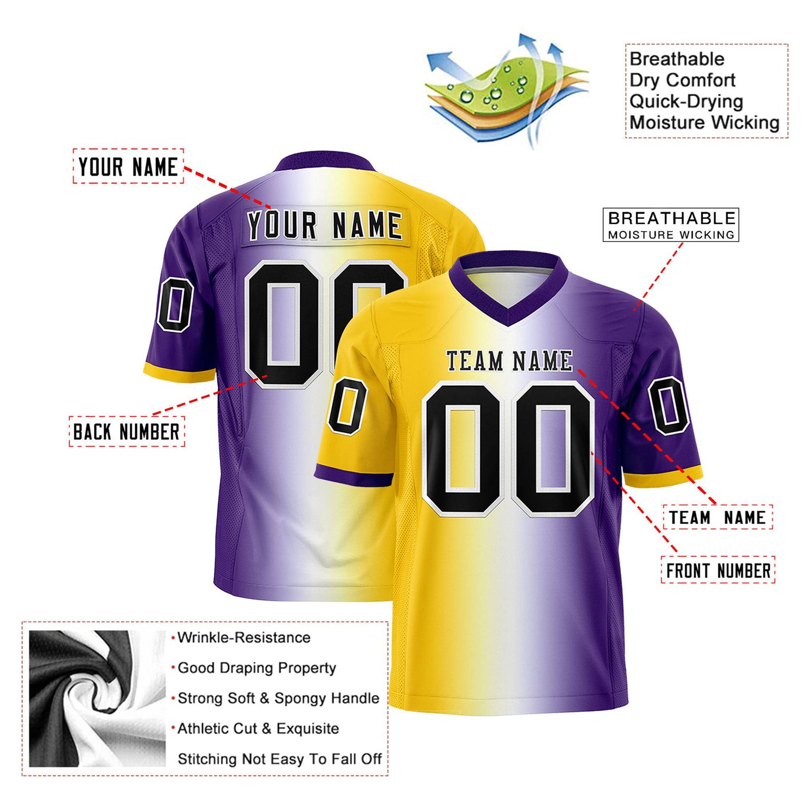 Custom Gold White-Purple Personalized Gradient Fashion Authentic Football Jersey