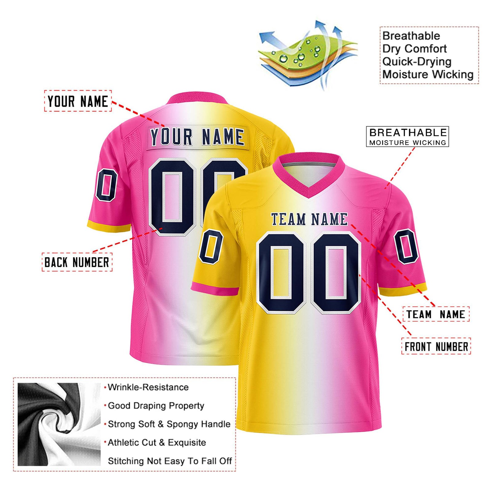 Custom Gold White-Pink Personalized Gradient Fashion Authentic Football Jersey