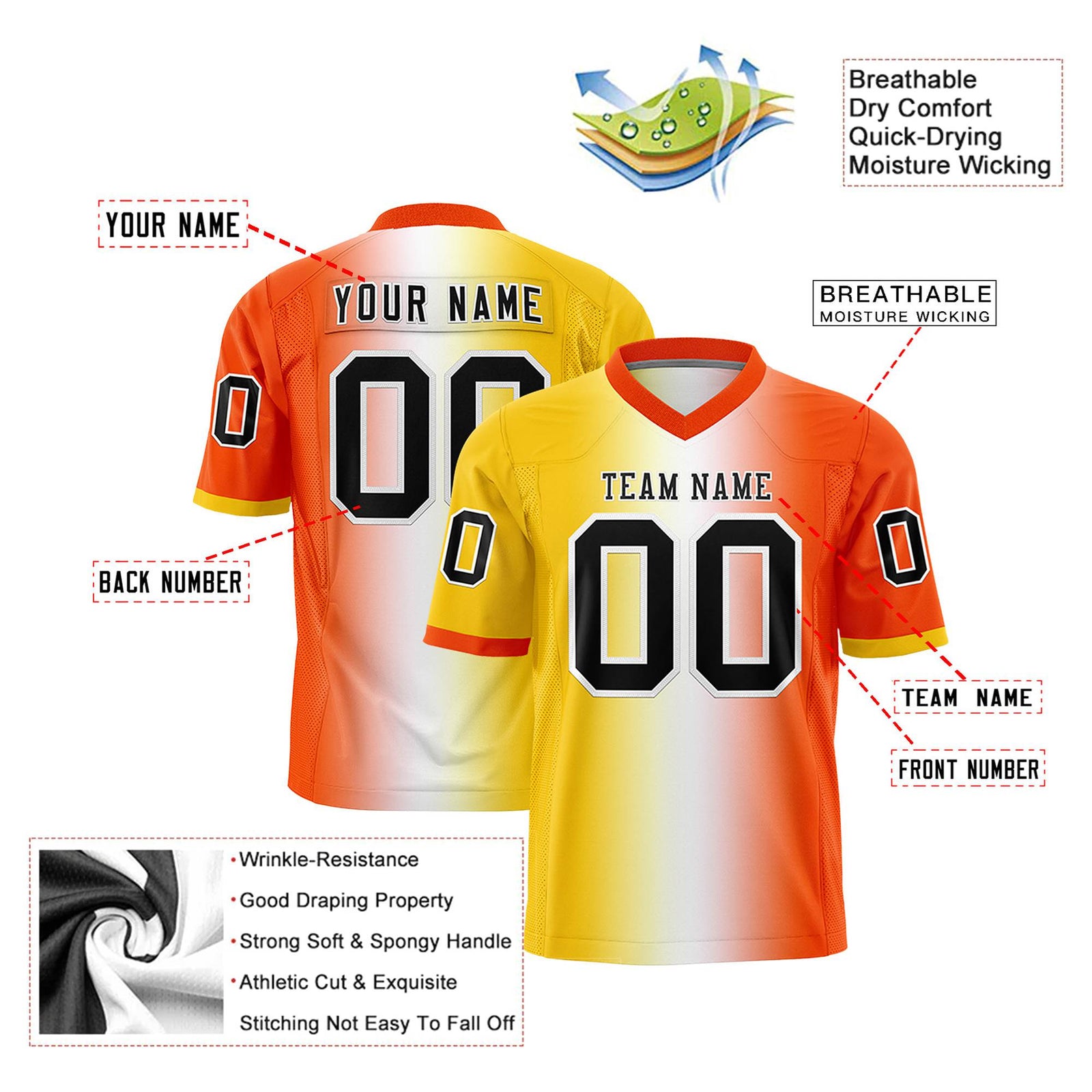 Custom Gold White-Orange Personalized Gradient Fashion Authentic Football Jersey