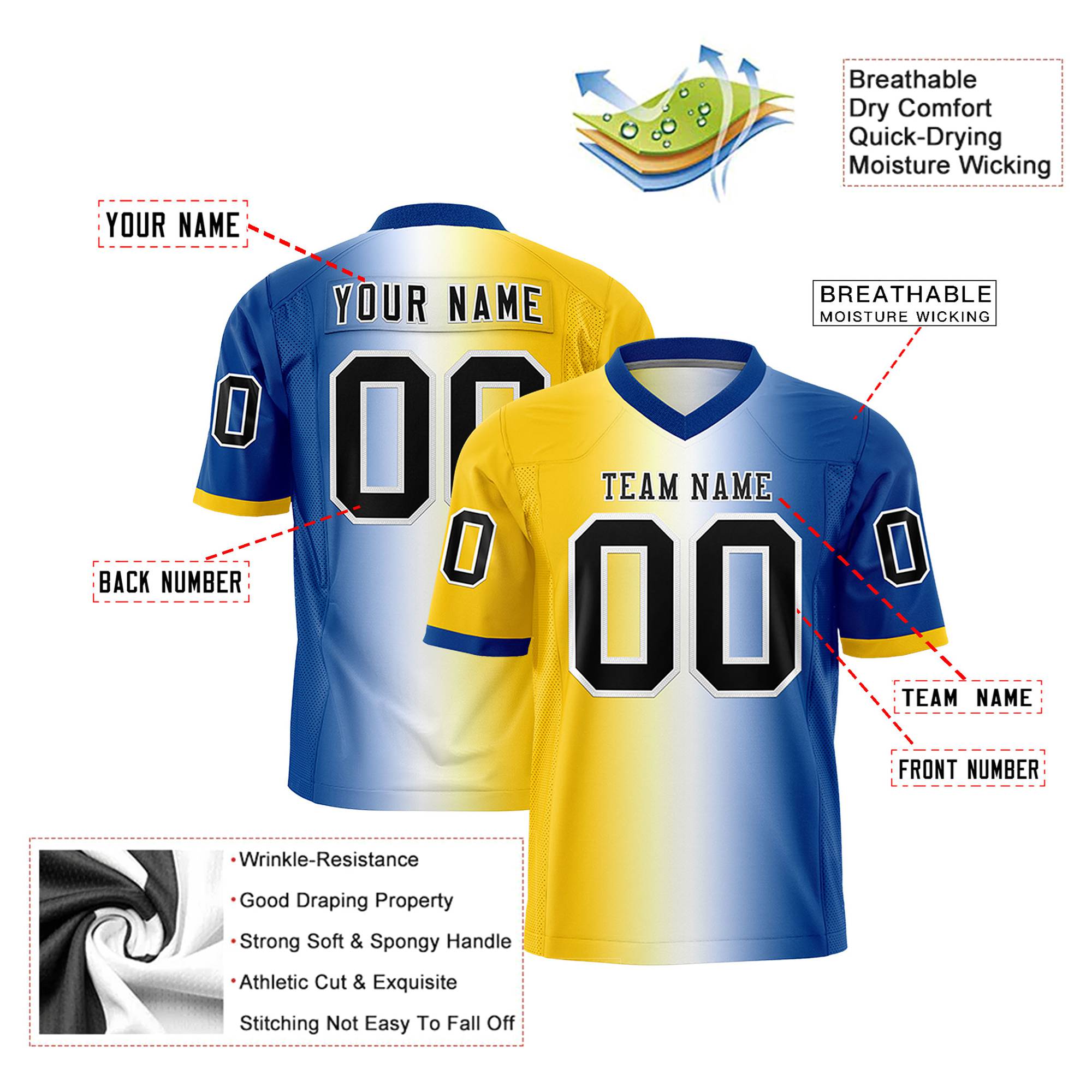 Custom Gold White-Royal Blue Personalized Gradient Fashion Authentic Football Jersey