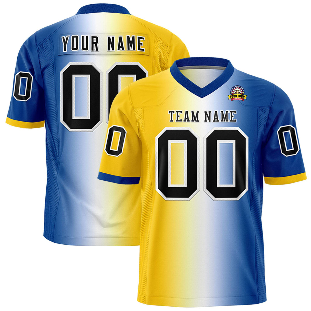 Custom Gold White-Royal Blue Personalized Gradient Fashion Authentic Football Jersey