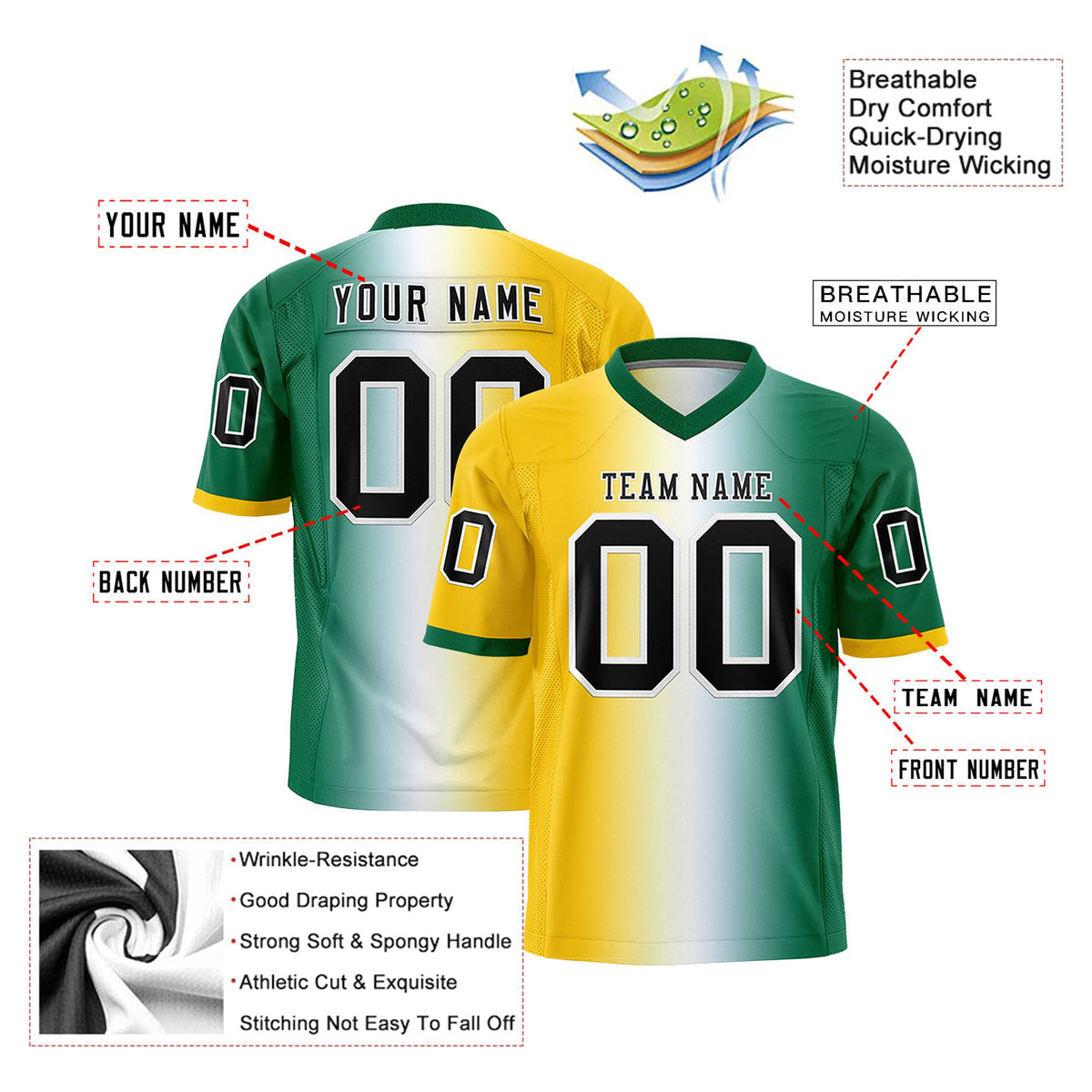 Custom Gold White-Kelly Green Personalized Gradient Fashion Authentic Football Jersey