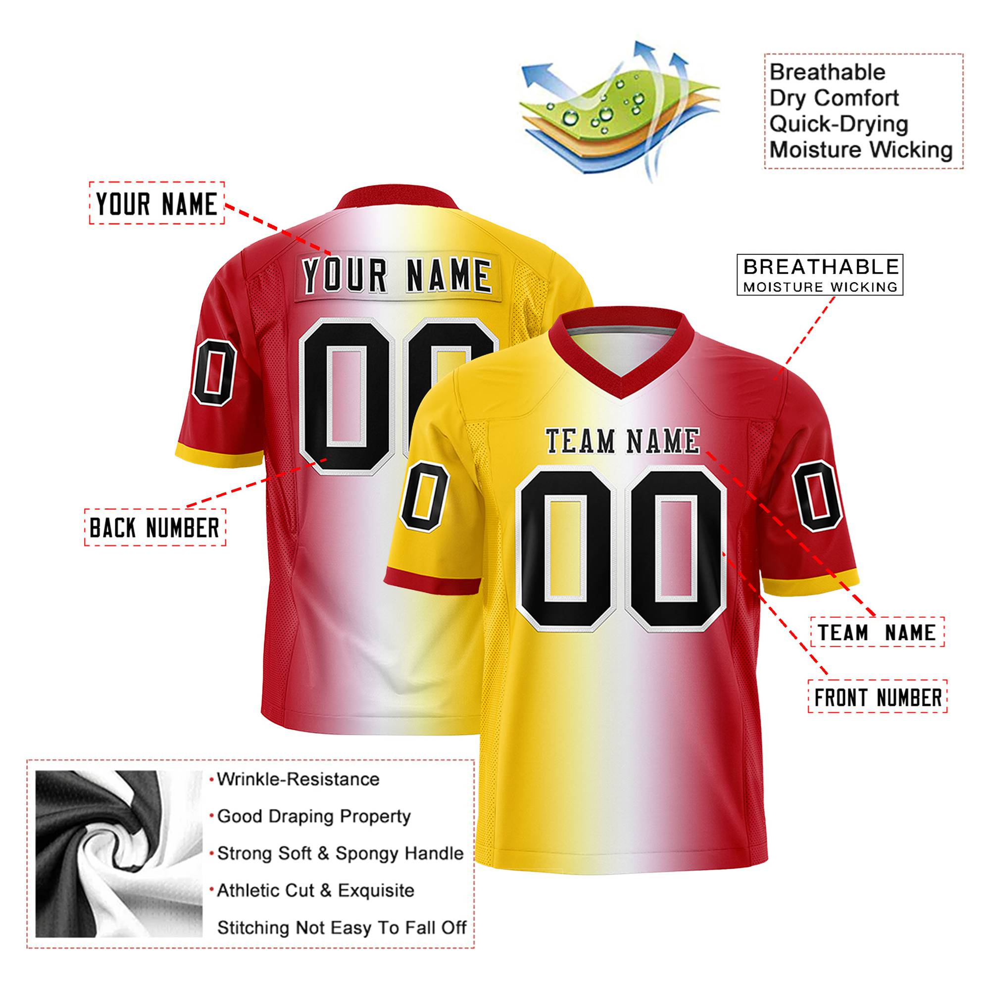 Custom Gold White-Red Personalized Gradient Fashion Authentic Football Jersey