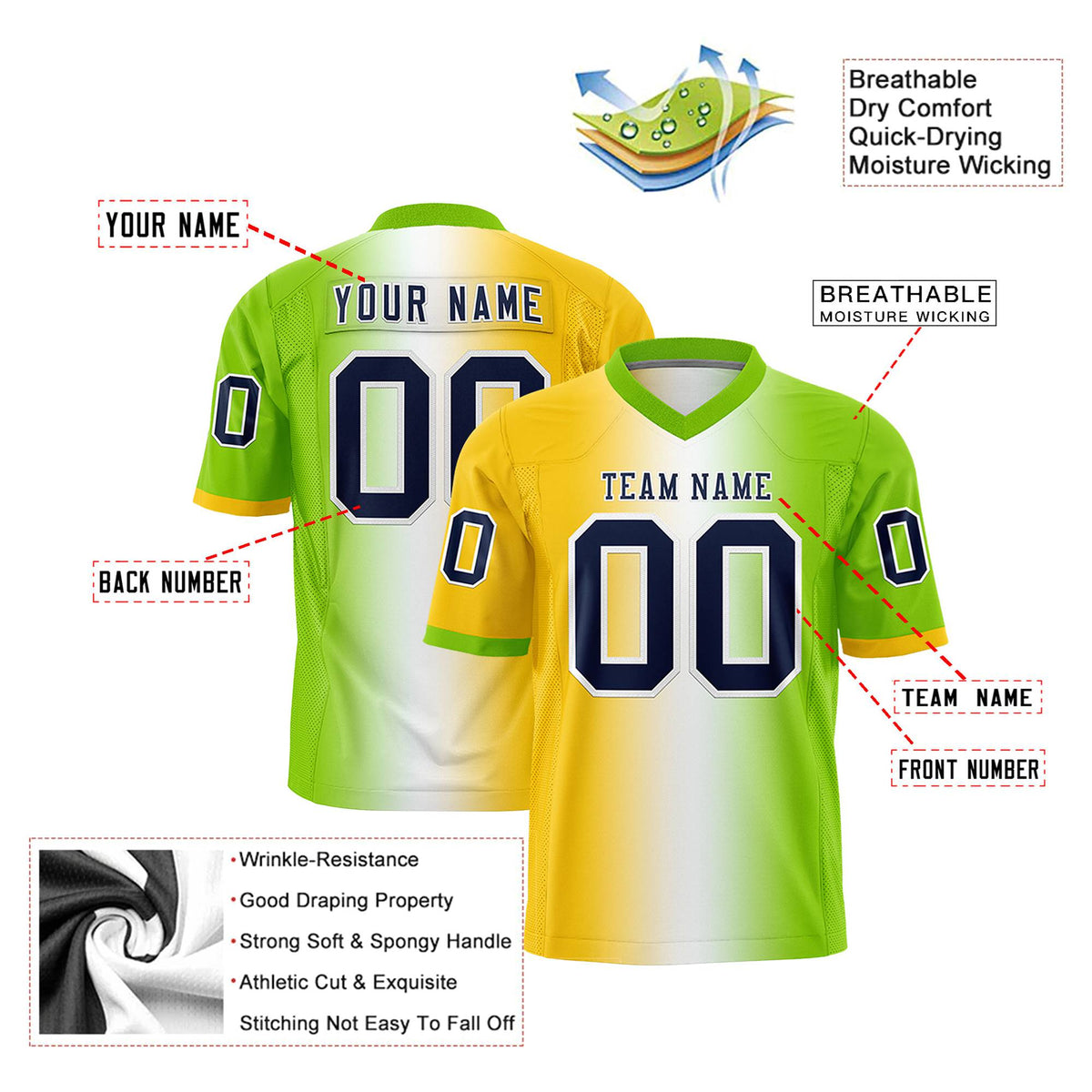 Custom Gold White-Neon Green Personalized Gradient Fashion Authentic Football Jersey