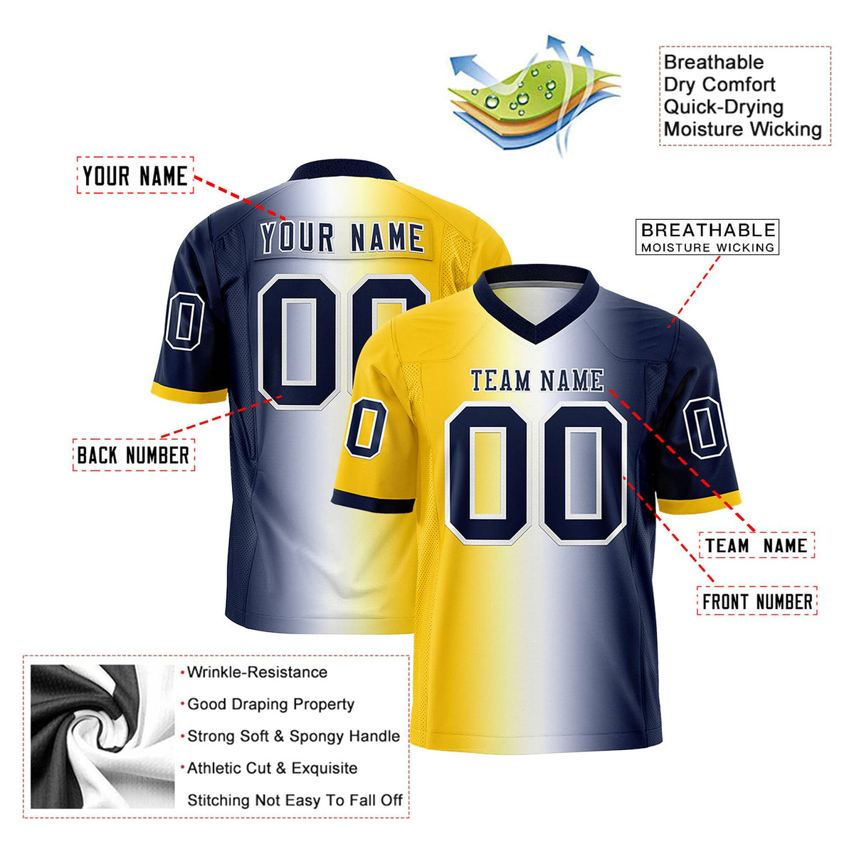 Custom Gold White-Navy Personalized Gradient Fashion Authentic Football Jersey