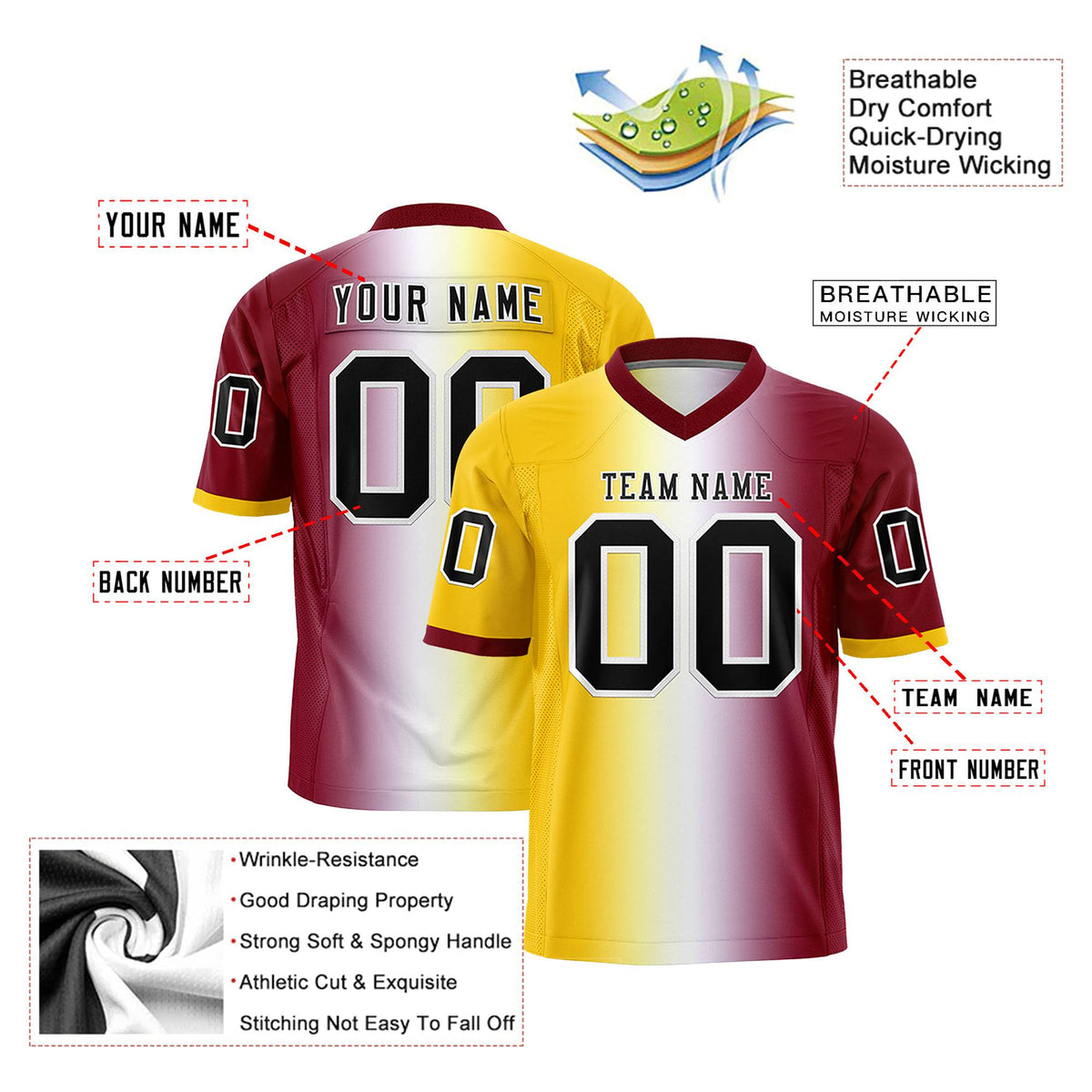 Custom Gold White-Crimson Personalized Gradient Fashion Authentic Football Jersey