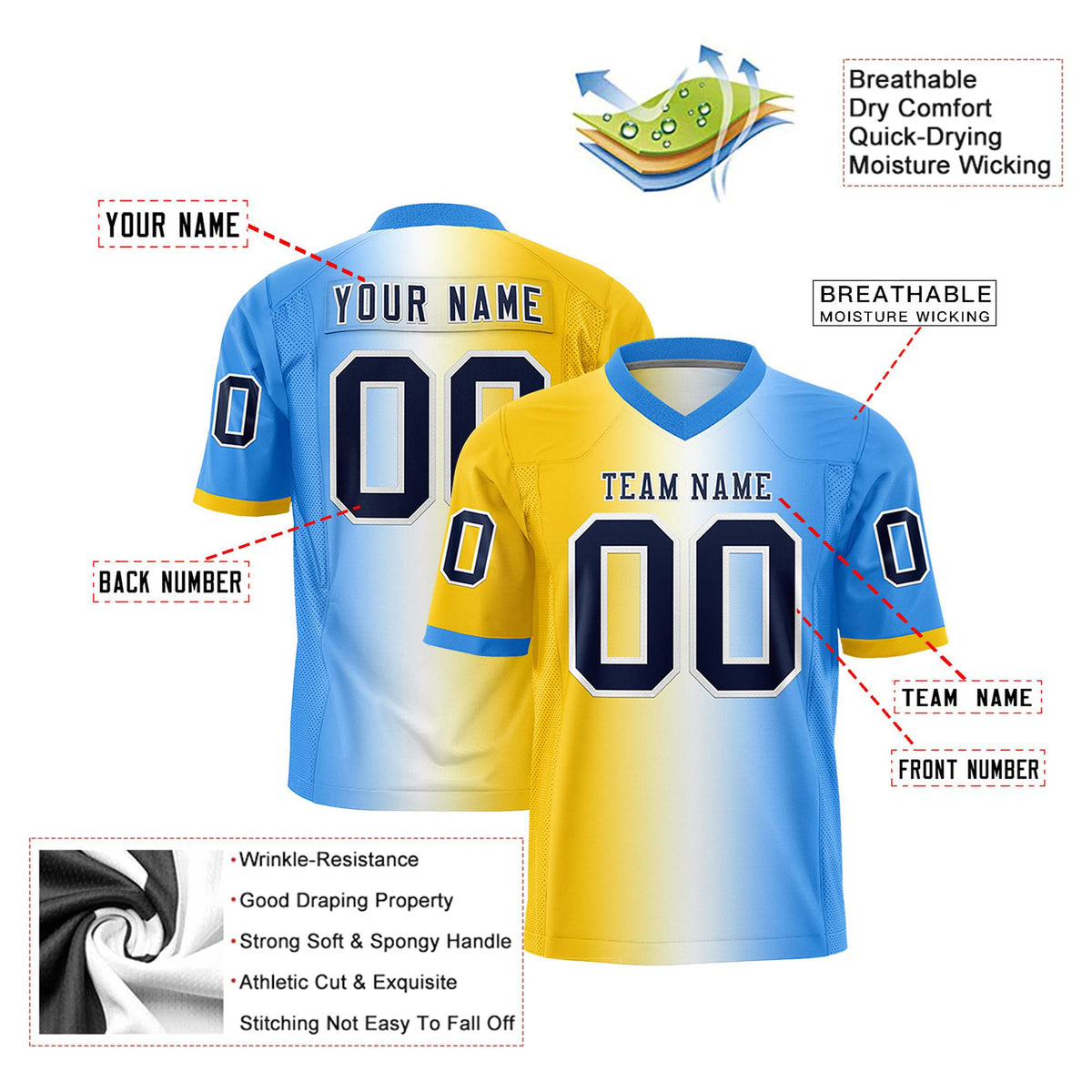 Custom Gold White-Powder Blue Personalized Gradient Fashion Authentic Football Jersey