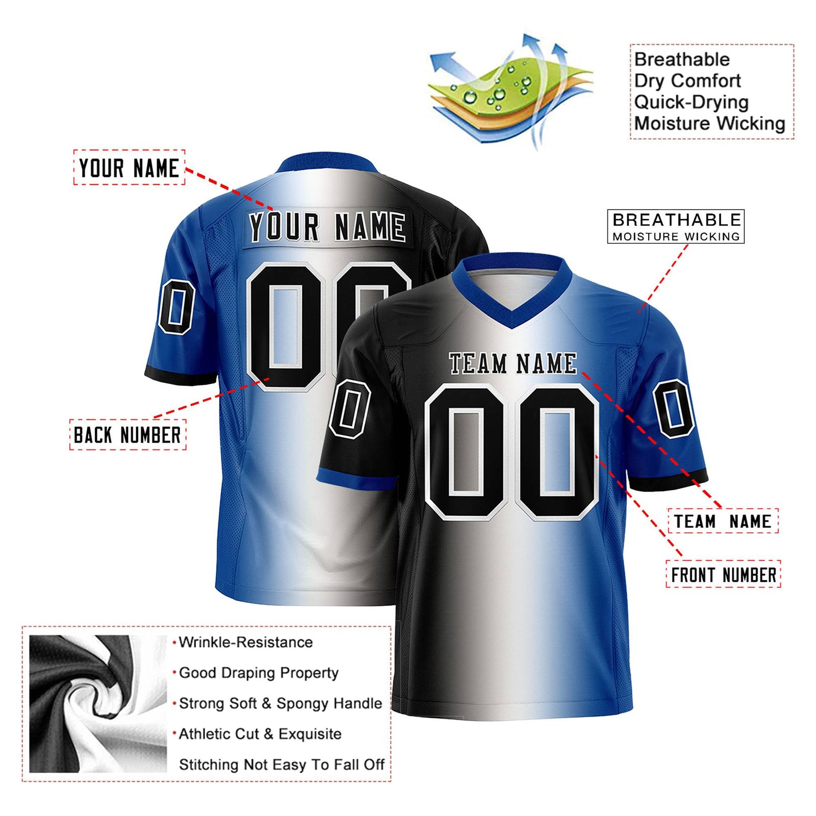 Custom Black White-Royal Blue Personalized Gradient Fashion Authentic Football Jersey