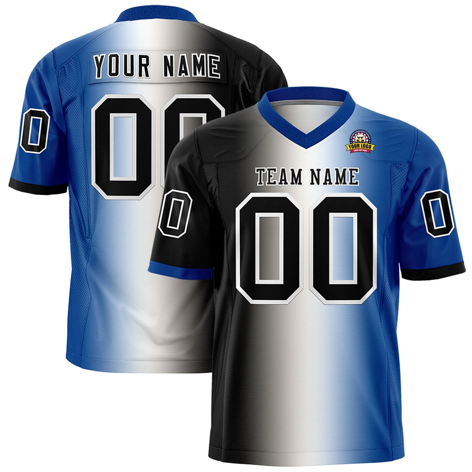 Custom Black White-Royal Blue Personalized Gradient Fashion Authentic Football Jersey