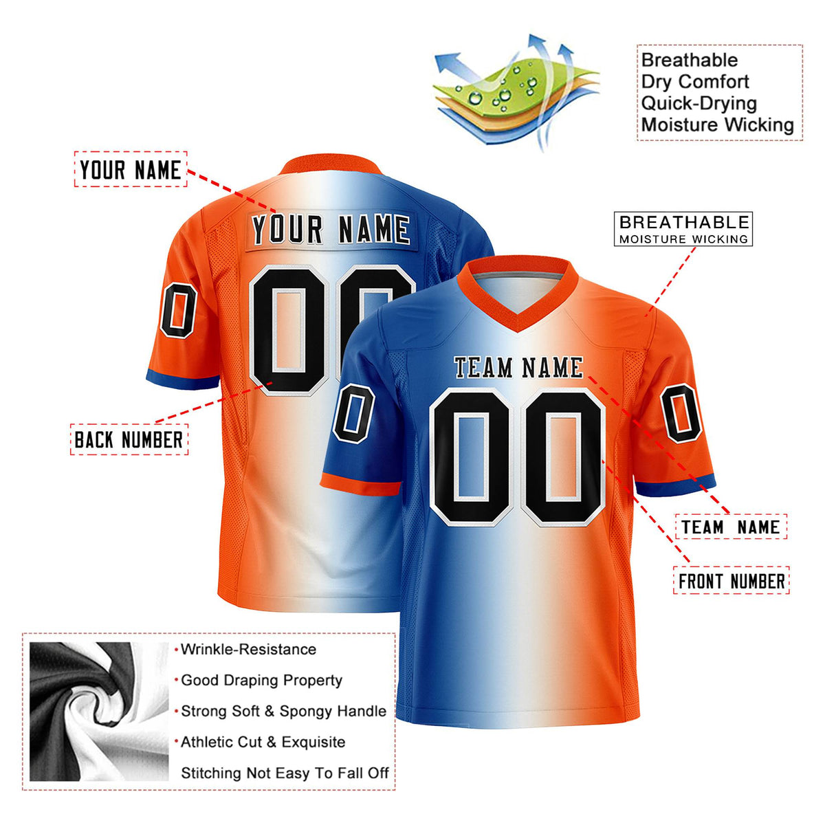 Custom Royal Blue White-Orange Personalized Gradient Fashion Authentic Football Jersey