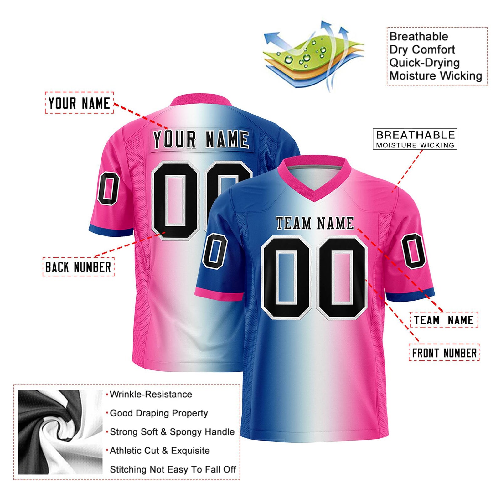 Custom Royal Blue White-Pink Personalized Gradient Fashion Authentic Football Jersey