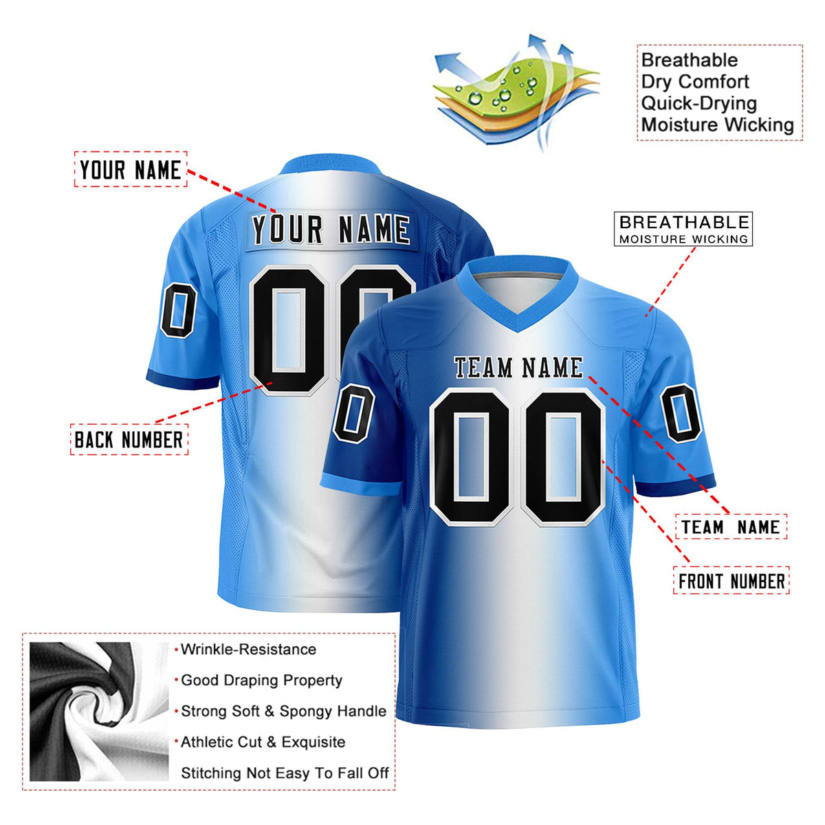 Custom Royal Blue White-Powder Blue Personalized Gradient Fashion Authentic Football Jersey