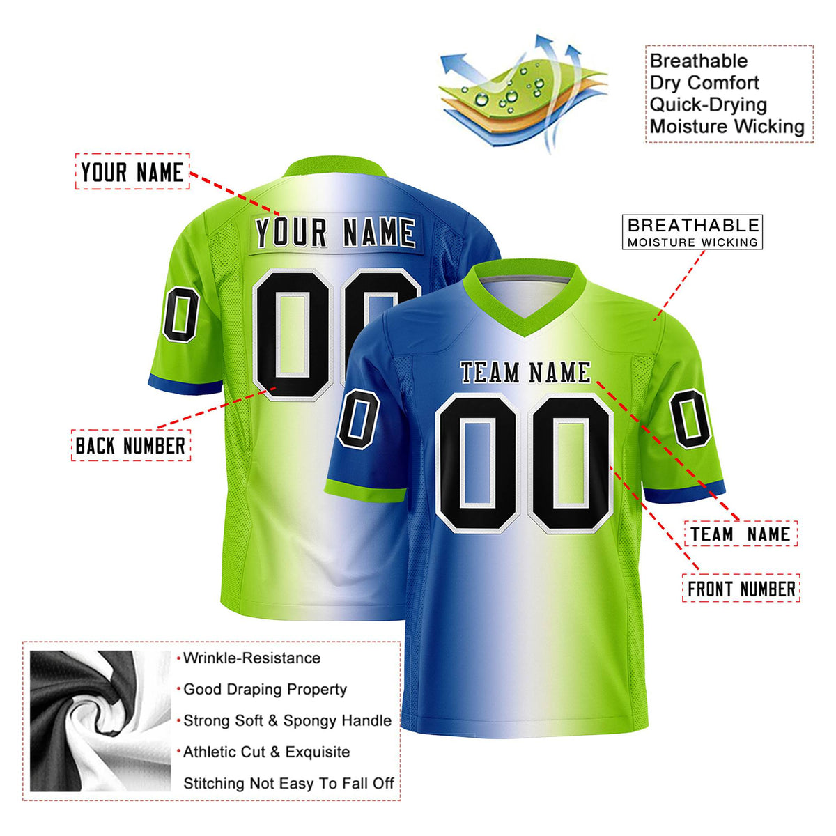 Custom Royal Blue White-Neon Green Personalized Gradient Fashion Authentic Football Jersey