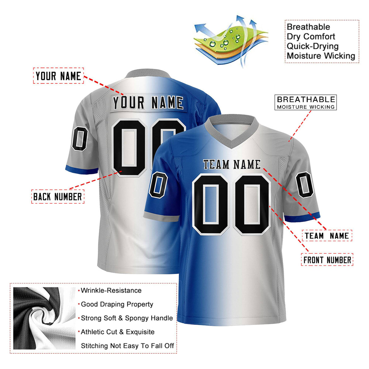 Custom Royal Blue White-Gray Personalized Gradient Fashion Authentic Football Jersey