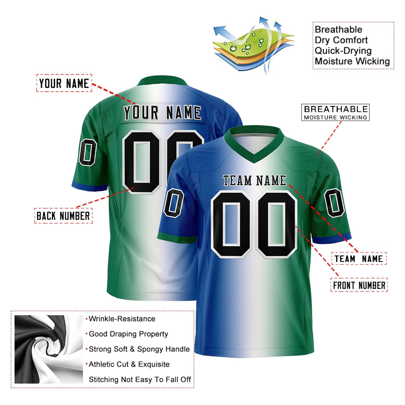 Custom Royal Blue White-Kelly Green Personalized Gradient Fashion Authentic Football Jersey