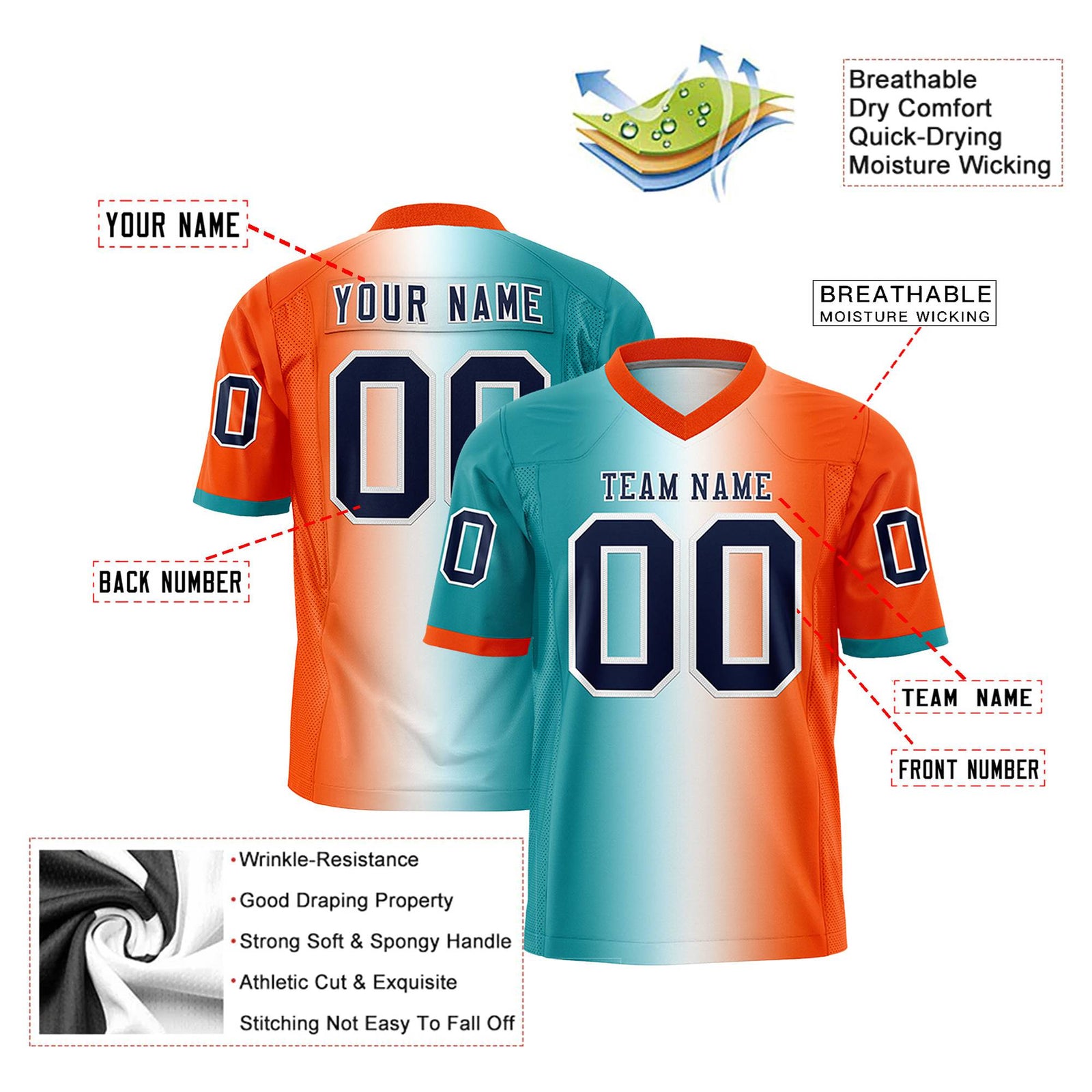 Custom Aqua White-Orange Personalized Gradient Fashion Authentic Football Jersey