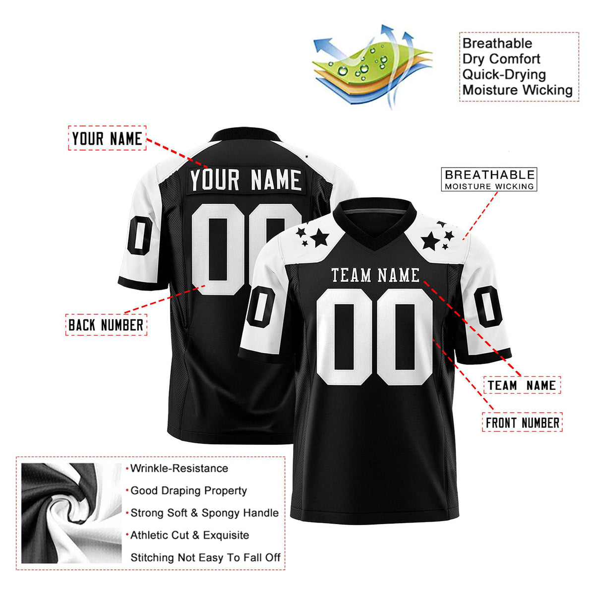 Custom Black White Personalized Shoulder Star Pattern Authentic Football Jersey