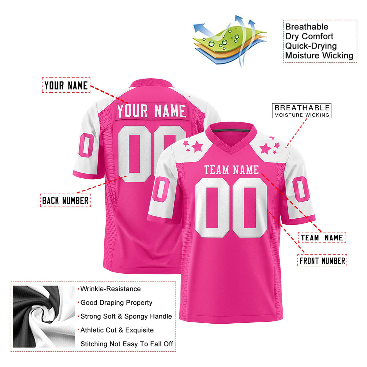 Custom Pink White Personalized Shoulder Star Pattern Authentic Football Jersey