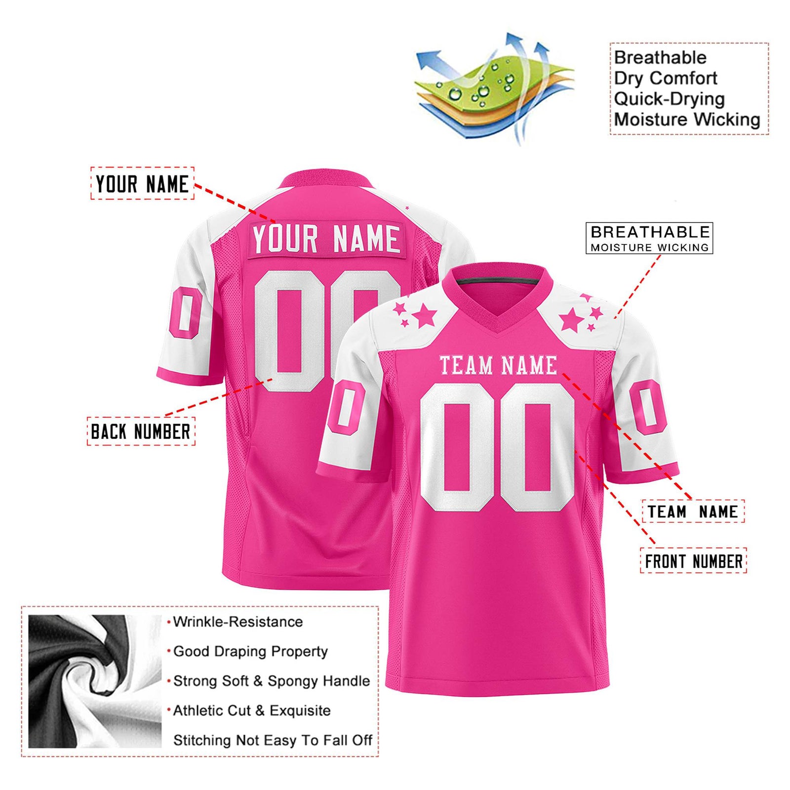 Custom Pink White Personalized Shoulder Star Pattern Authentic Football Jersey