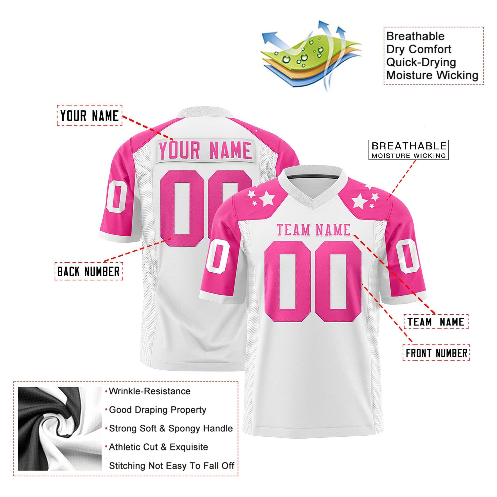 Custom White Pink Personalized Shoulder Star Pattern Authentic Football Jersey