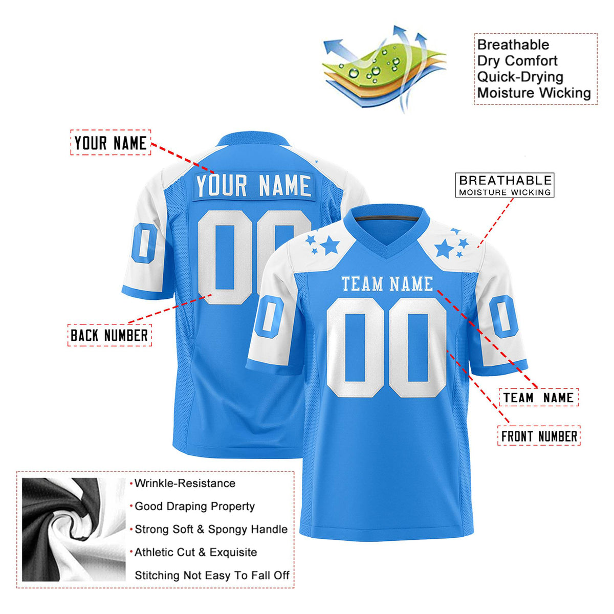 Custom Powder Blue White Personalized Shoulder Star Pattern Authentic Football Jersey