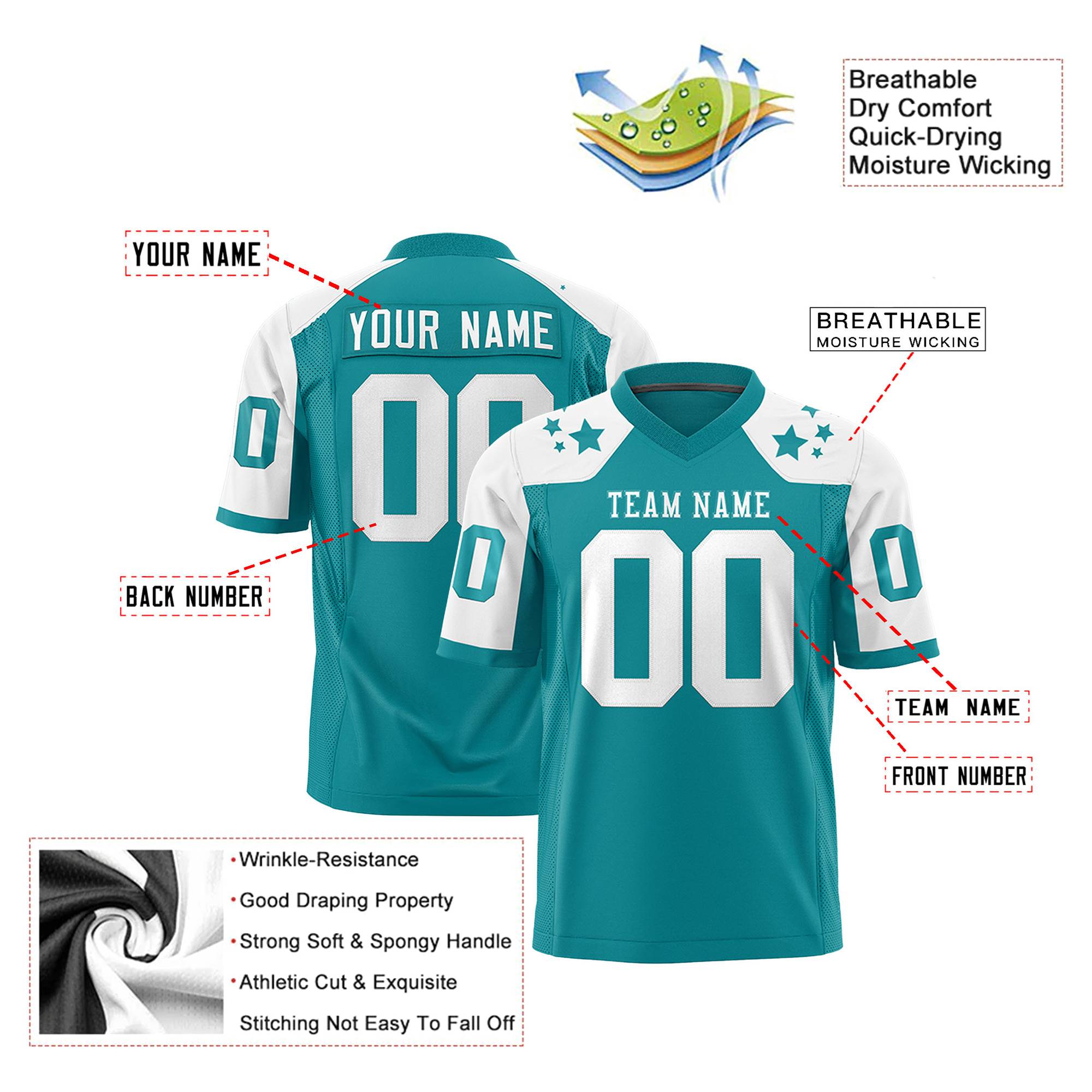 Custom Aqua White Personalized Shoulder Star Pattern Authentic Football Jersey