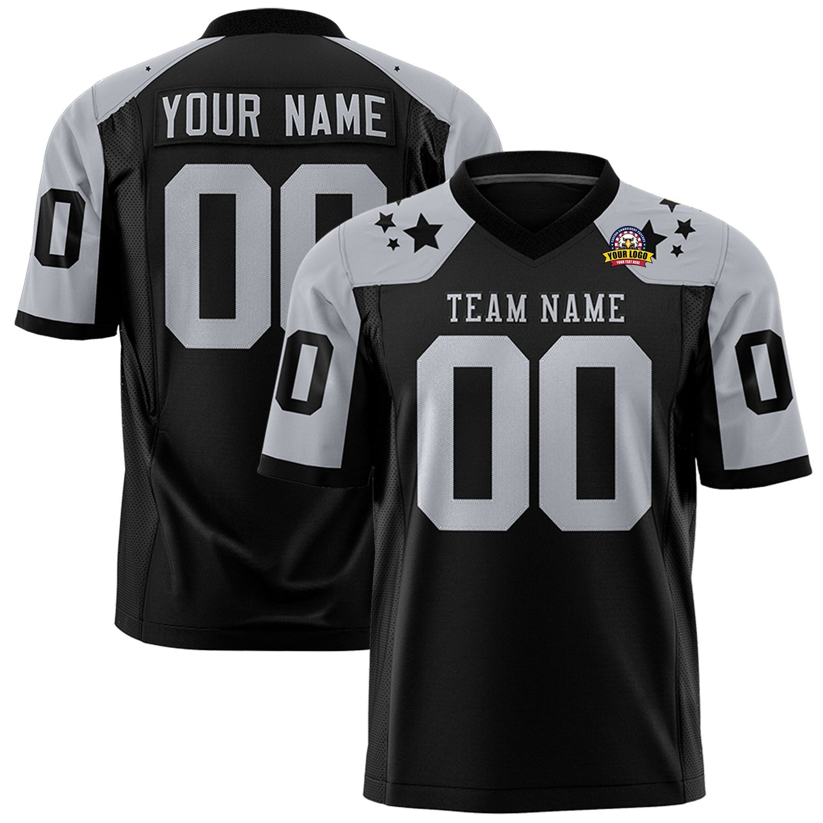 Custom Black White Personalized Shoulder Star Pattern Authentic Football Jersey