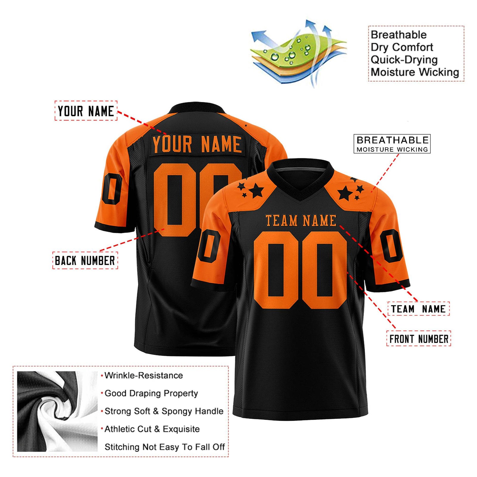 Custom Black Orange Personalized Shoulder Star Pattern Authentic Football Jersey