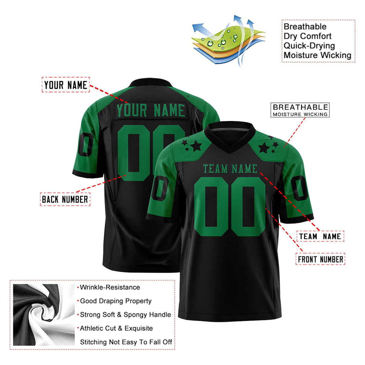 Custom Black Kelly Green Personalized Shoulder Star Pattern Authentic Football Jersey