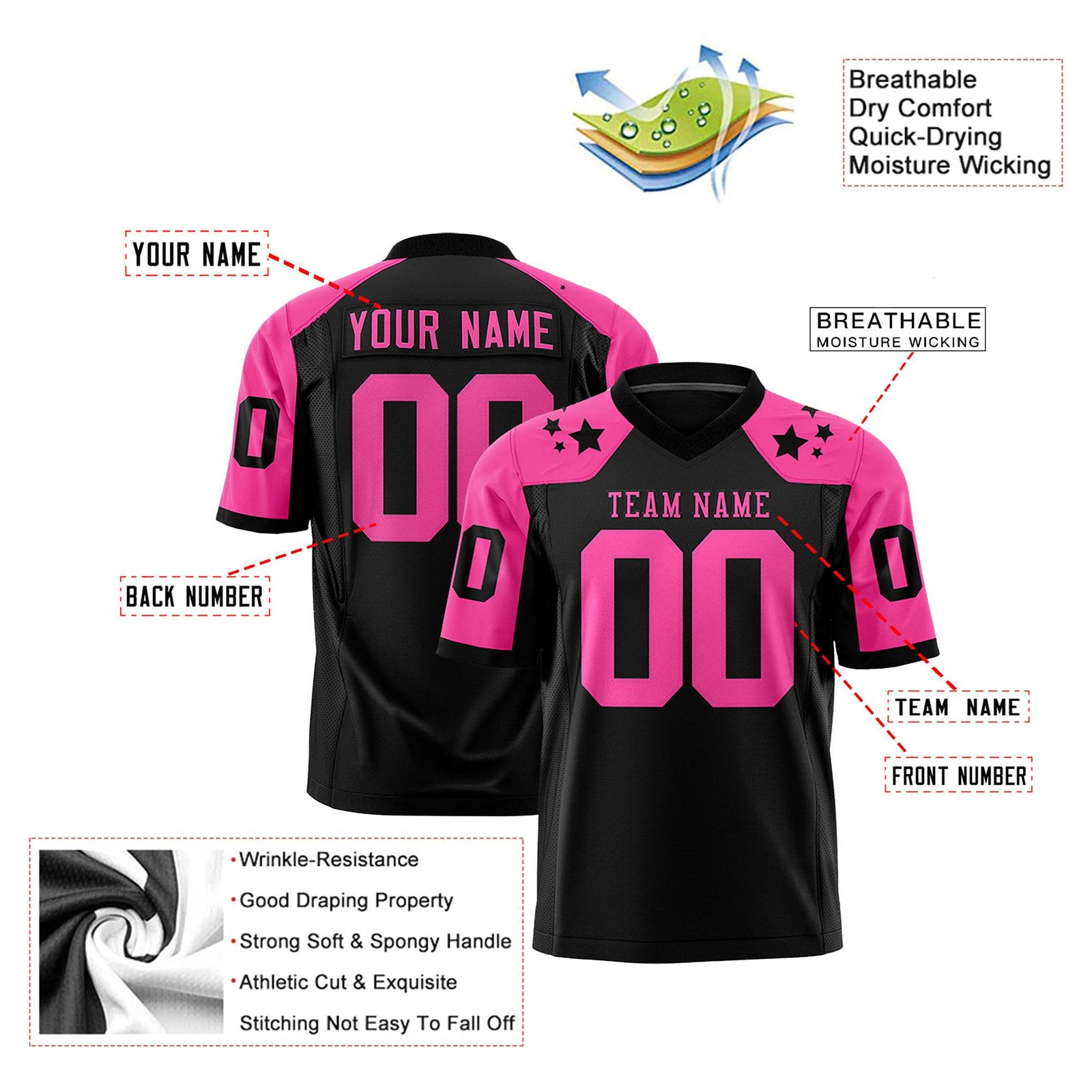 Custom Black Pink Personalized Shoulder Star Pattern Authentic Football Jersey