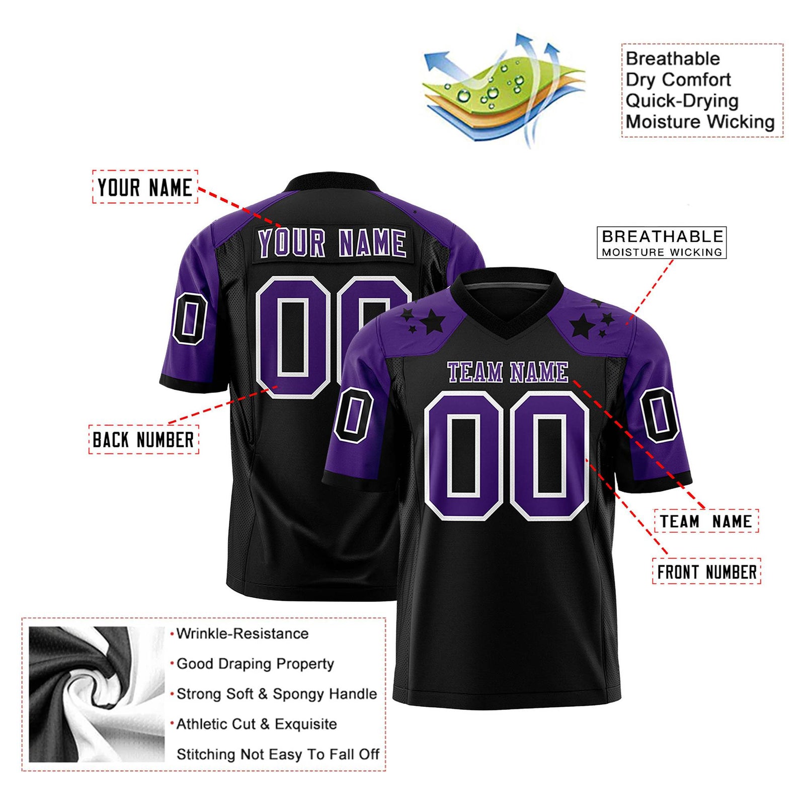 Custom Black Purple Personalized Shoulder Star Pattern Authentic Football Jersey