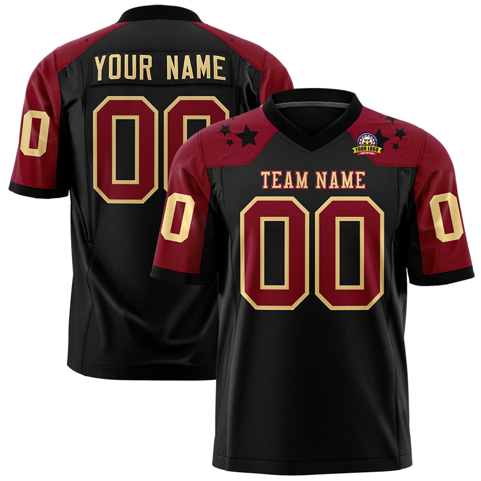Custom Black Crimson Personalized Shoulder Star Pattern Authentic Football Jersey