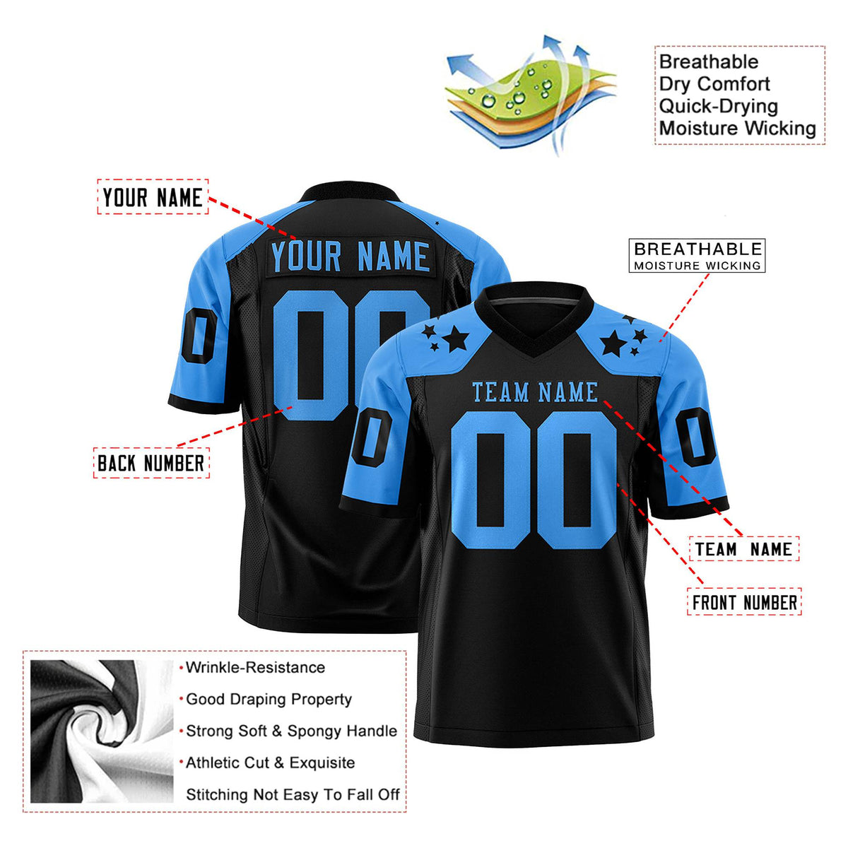 Custom Black Powder Blue Personalized Shoulder Star Pattern Authentic Football Jersey
