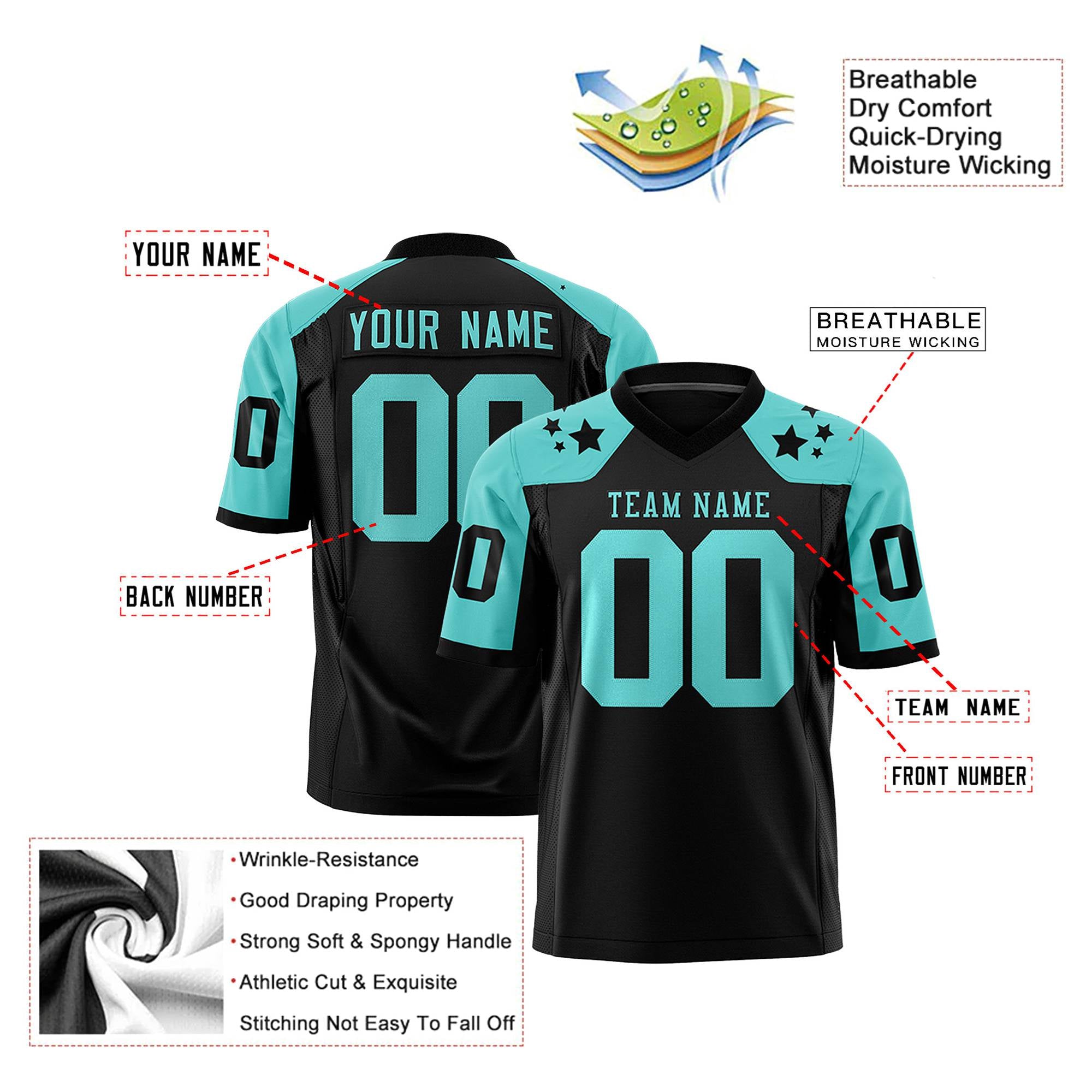 Custom Black Aqua Personalized Shoulder Star Pattern Authentic Football Jersey