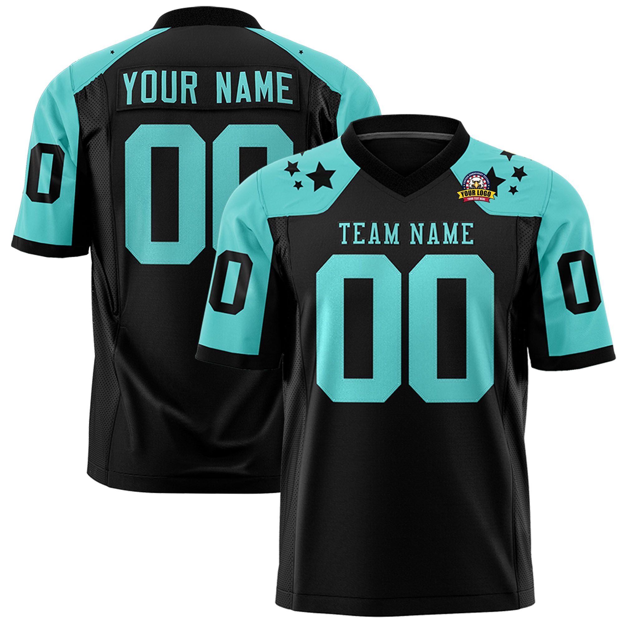 Custom Black Aqua Personalized Shoulder Star Pattern Authentic Football Jersey