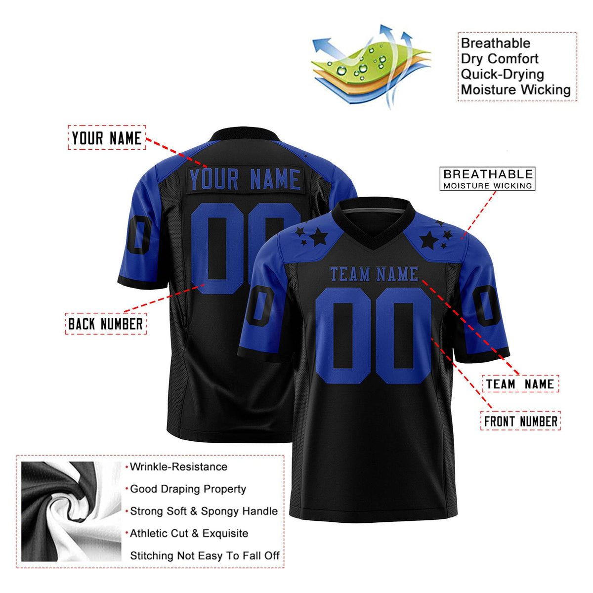 Custom Black Royal Blue Personalized Shoulder Star Pattern Authentic Football Jersey