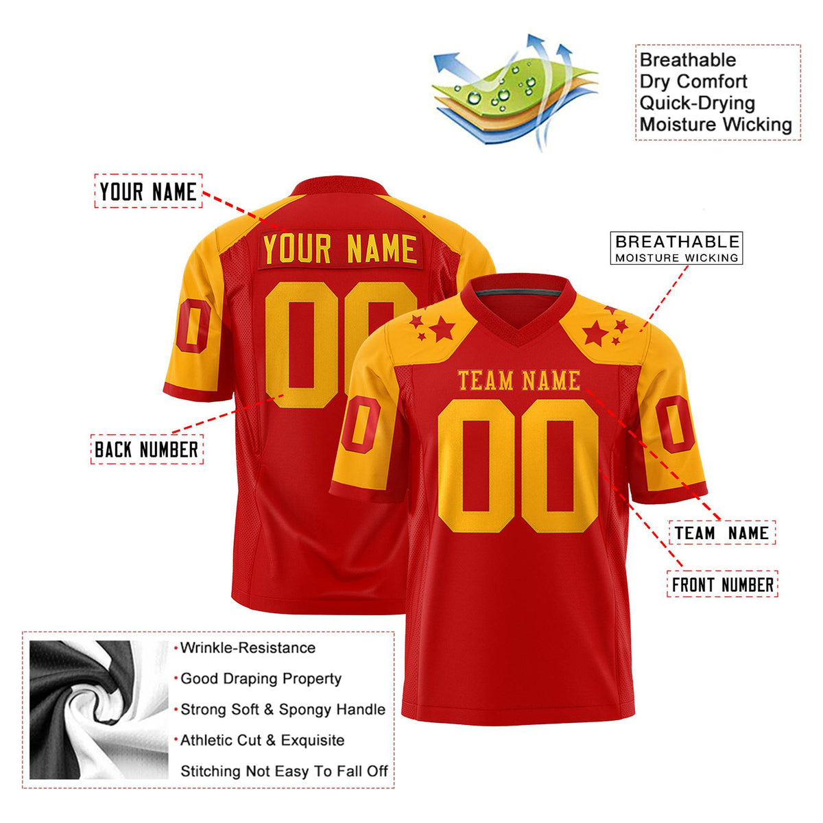 Custom Red Yellow Personalized Shoulder Star Pattern Authentic Football Jersey